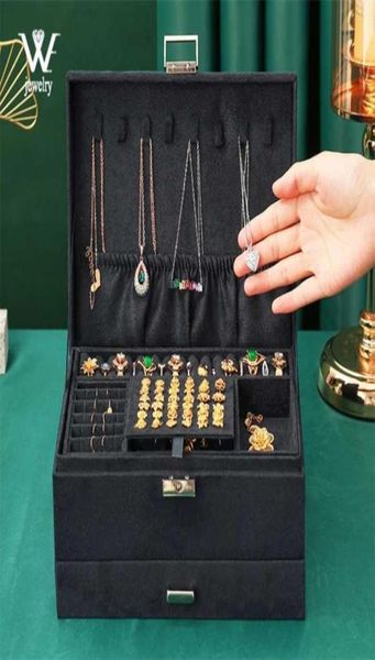 

we oversized 3layes black flannel jewelry box boite a bijou jewelry organizer necklace earring ring storage box for women gifts 273854209, Black;white
