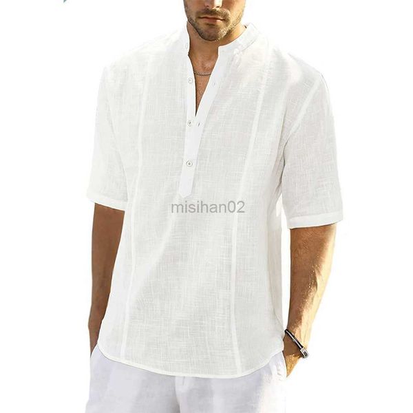 

men's casual shirts men's casual pullover stand collar cotton linen blouse loose fashion short sleeve hkd230725, White;black