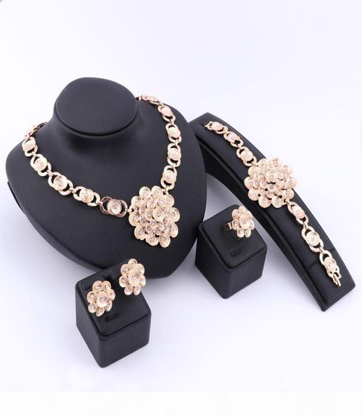 

elegant african retro dubai 18k gold silver plated crystal necklace earrings ring bracelet jewelry sets for women wedding party9516770, Slivery;golden
