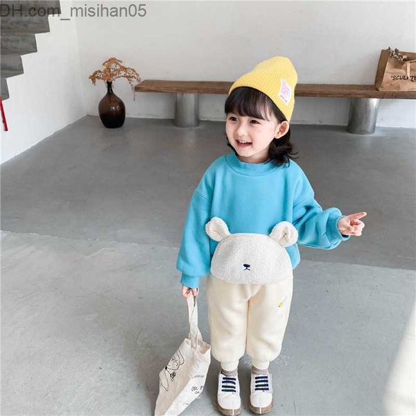 

hoodies sweatshirts winter girls cute bear pocket sweater fashion 3 colors plus velvet sweatshirts for kids children 210615 z230725, Black
