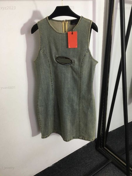 

women designer clothing lady dresses girl sleeveless denim skirt size s-l hollow out logo embellished denim tank dress july21, Black;gray