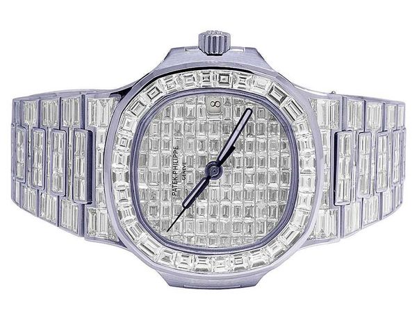 

diamond luminous wrist watches patas 40mm*8.3mm 3k 5711 white gold baguette iced out bezel gift phippe, Slivery;brown