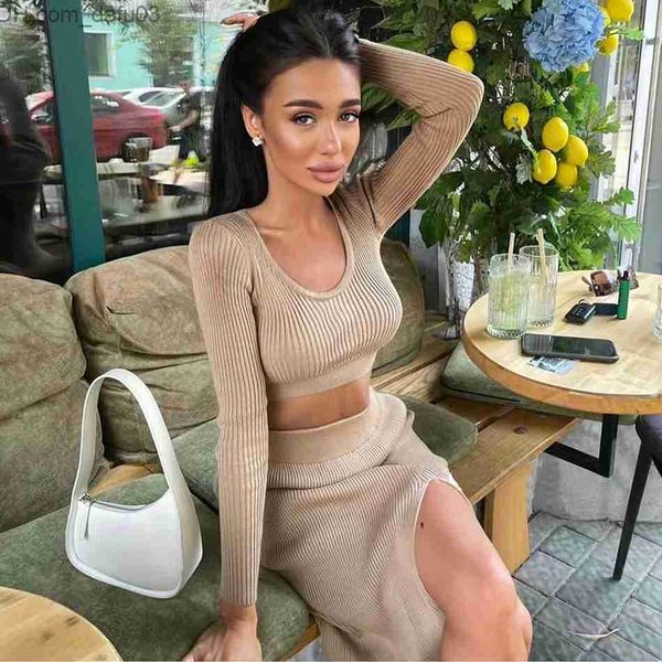 

two piece dress two piece dress knitted winter women sweater skirt suit y2k fashion long sleeve crop and split sets 221122 z230725, White