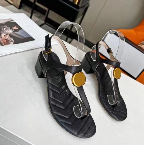 

women's t-shaped sandal women's luxury leather chunky heels sandals luxury brand metal letter buckle women's designer sandal, Black