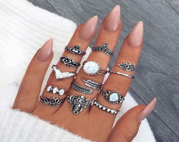 

vintage knuckle ring set sun moon elephant fatima rhinestone joint knuckle nail midi ring set 3357329, Golden;silver