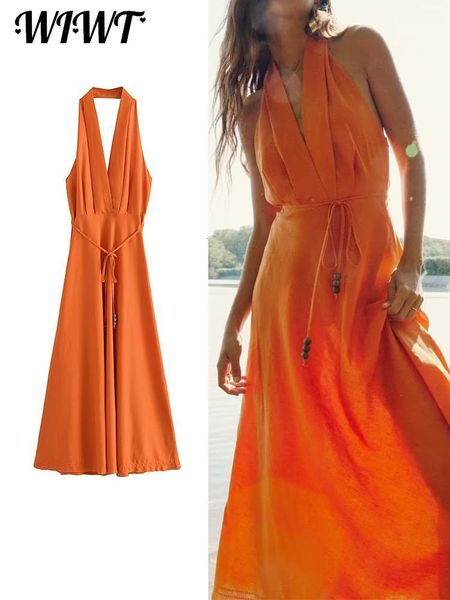 

basic casual dresses women elegant belt orange midi camisole summer halter backless party club dress female side zipper robe 230724, Black;gray