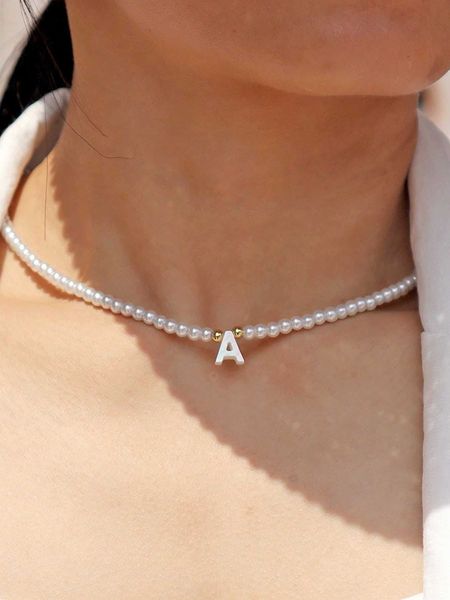 

women's accessories letter charm faux pearl beaded necklace, Silver