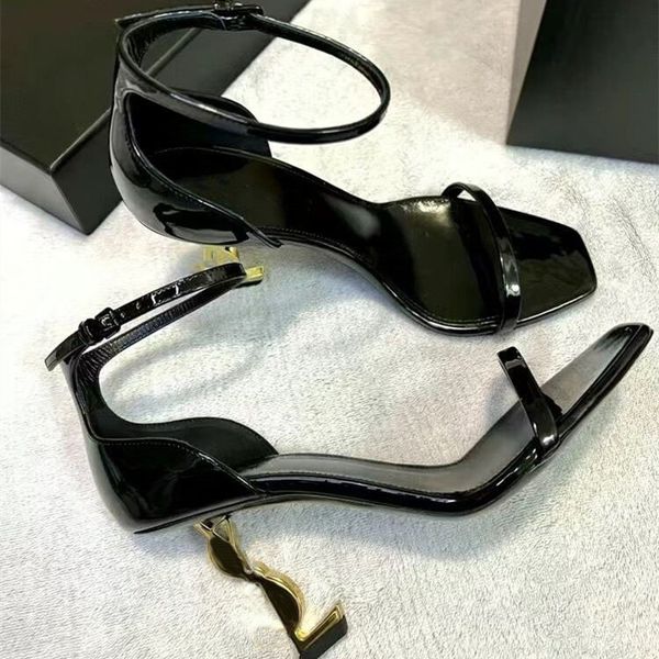 

designer sandals patent leather pointy 8cm 10cm high heels new fashion luxury women one strap party shoe brand dress shoes metal letter heel, Black