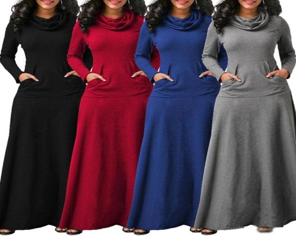

woman casual cowl neck aline pocket long maxi dress ladies long sleeved dresses5217050, Black;gray