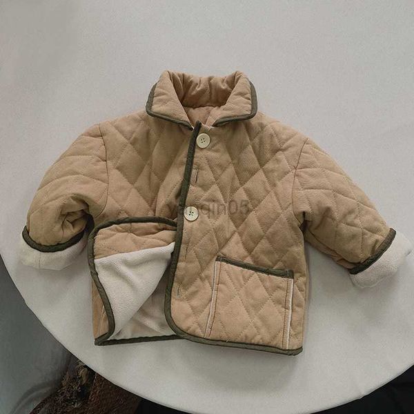 

down coat 2023 autumn winter toddler boys coat cotton thick plaid border outerwear single breasted warm loose infant boys outfits hkd230725, Blue;gray