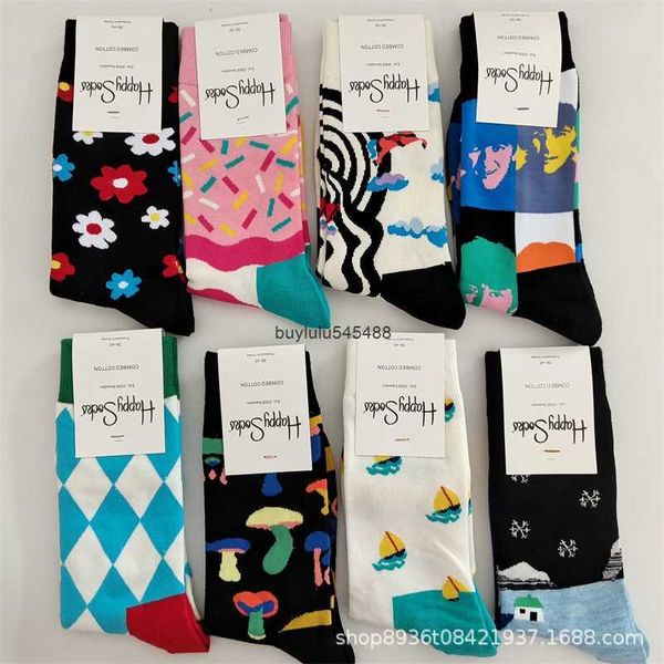 

2023 fashion sock hosiery children's happy brand colorful jacquard pattern comfortable and versatile cotton mid tube ins, Black;white