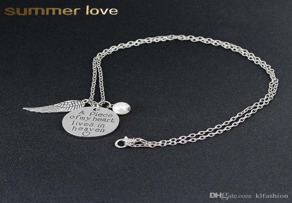 

fashion write a piece of my heart lives in heaven round necklace for women remembrance word imitation pearl necklace angel wing je8512495, Silver