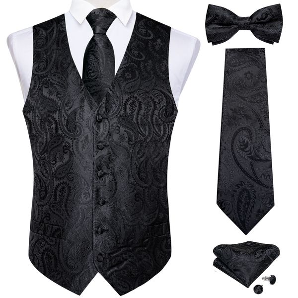 

men's vests men black paisley vest necktie bowtie pocket square cufflinks dress set classic 5 pcs business waistcoat for man 230724, Black;white
