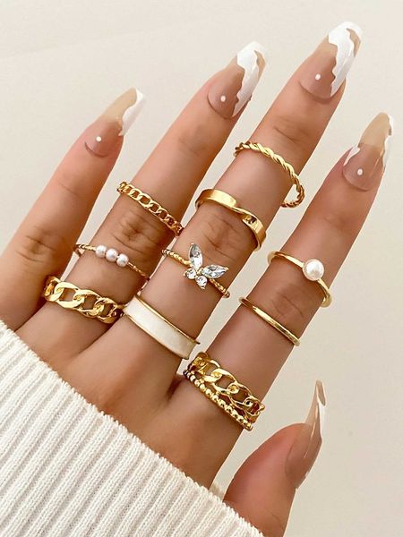 

women's accessories 10pcs/set rhinestone butterfly faux pearl decor ring, Silver