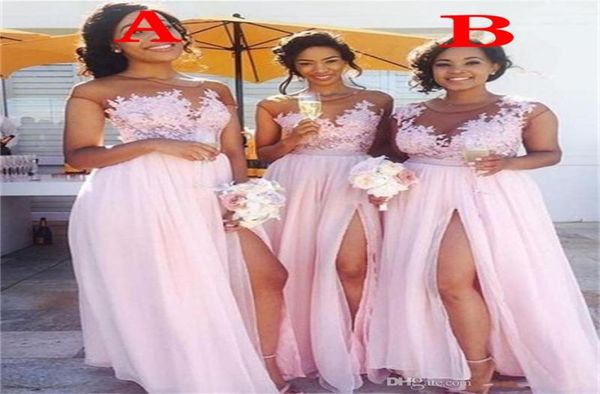 

2020 baby pink long bridesmaid dresses jewel neck illusion lace appliques chiffon bridesmaids pink party dress wedding 4073100, White;pink