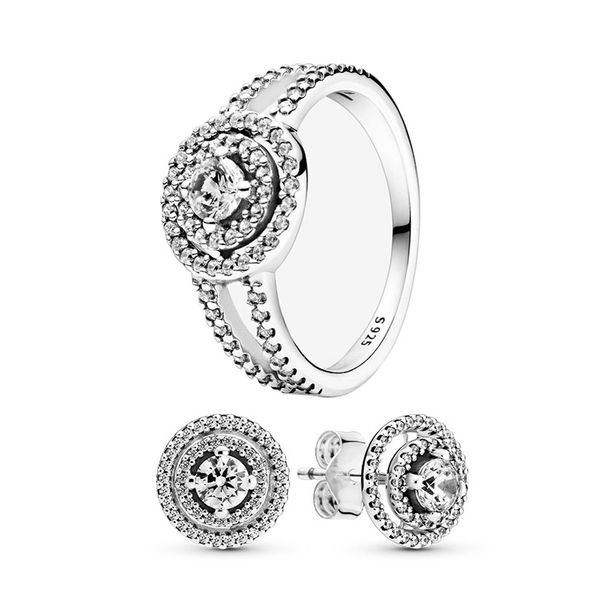 

sparkling double halo stud earrings ring set for pandora 925 sterling silver designer jewelry for women luxury crystal diamond earring rings