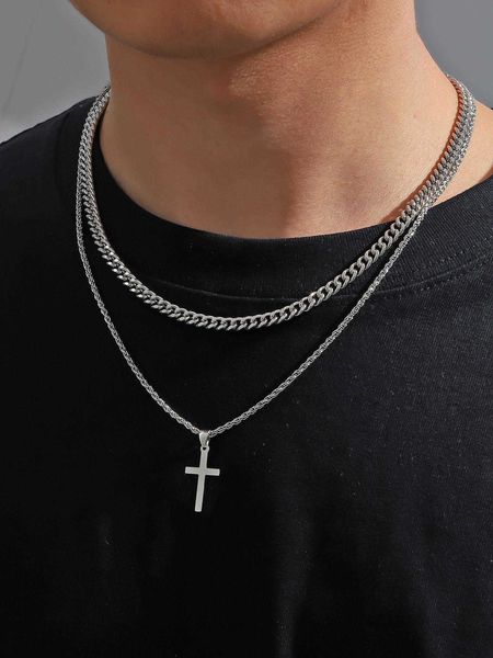 

women's accessories 2pcs/set men cross pendant necklace, Silver