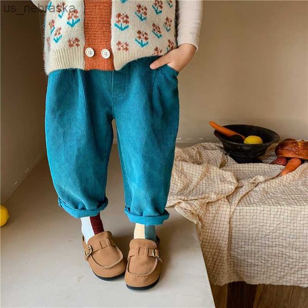 

children's blue trousers 2022 fall new boys and girls corduroy trousers rolled casual pants mid waist tendon pants l230518
