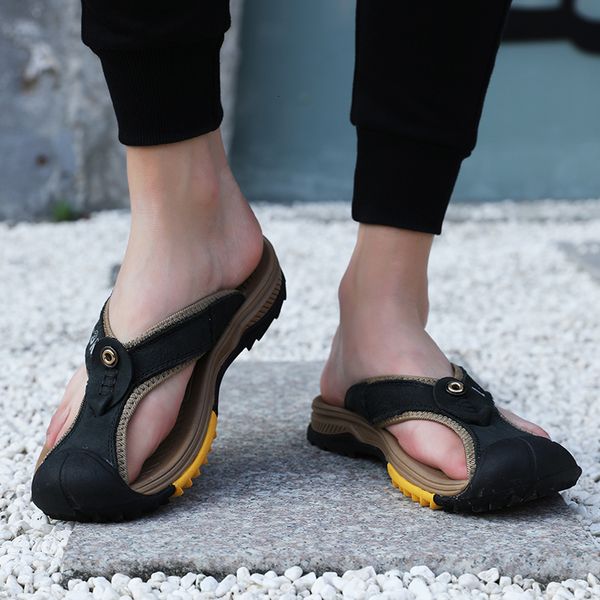 

slippers genuine cow leather shoes men sandals mens flip flops men's casual classic massage beach antislip summer 2023 230724, Black