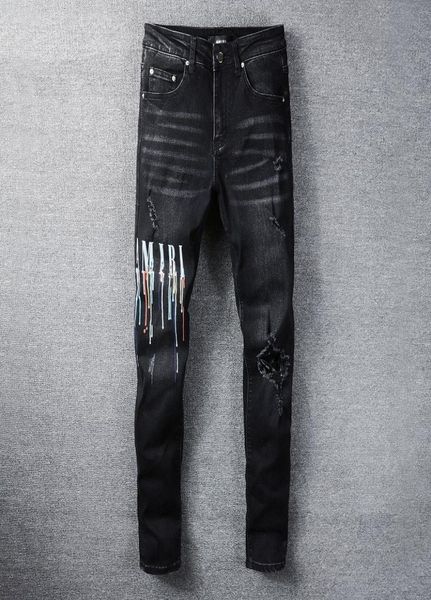 

fashion brand mens jeans pencil pants amr black trousers streetwear zipper pocket striped patch hole jean for men stretch slim fee3872884, Blue