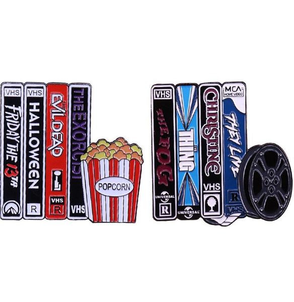

pins brooches horror movie vhs and chill popcorn enamel pin halloween brooch badge4436070, Gray