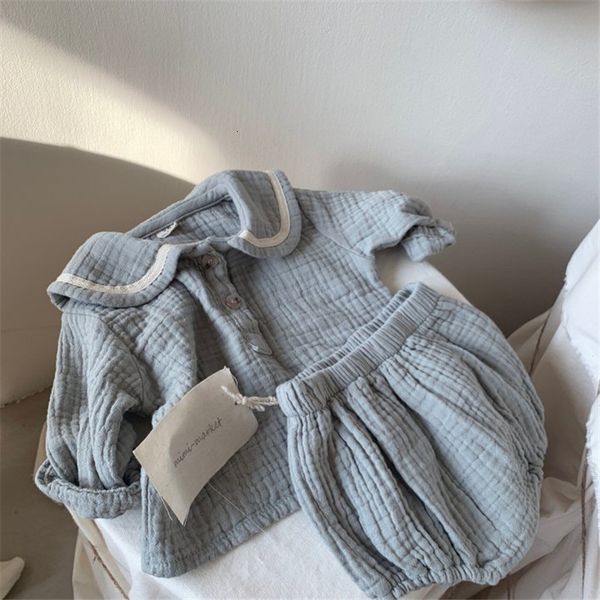 

clothing sets baby boy girl clothes set muslin spring 0 5y organic cotton lapel navy style long sleeve shorts born 230724, White