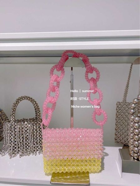 

colorful bead acrylic material bead string hollow woven flip square shoulder handbag for women 230725