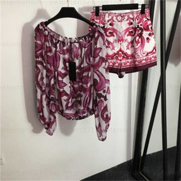 

summer sweat jogger suit designer short two piece set vintage floral print one neck thin chiffon silk long sleeve swim shorts women tracksui, Gray