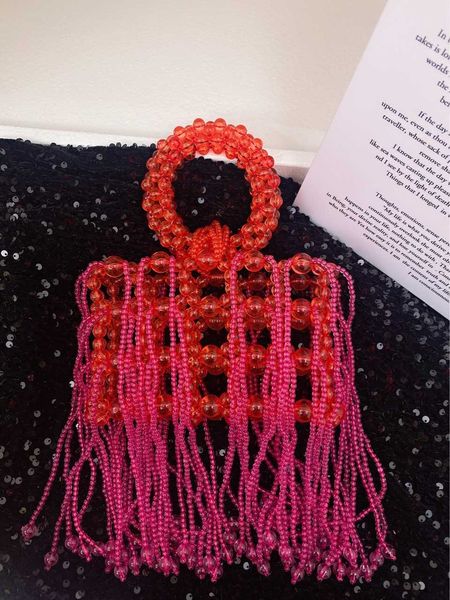 

selling acrylic beads, pure handmade woven bags, fashionable portable beaded heavy work tassel bags 230725