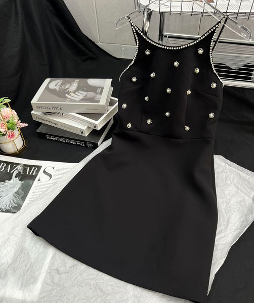 

designer dress french women designer clothing with diamond studded beads waist strap dress feminine little black dress, Black;gray