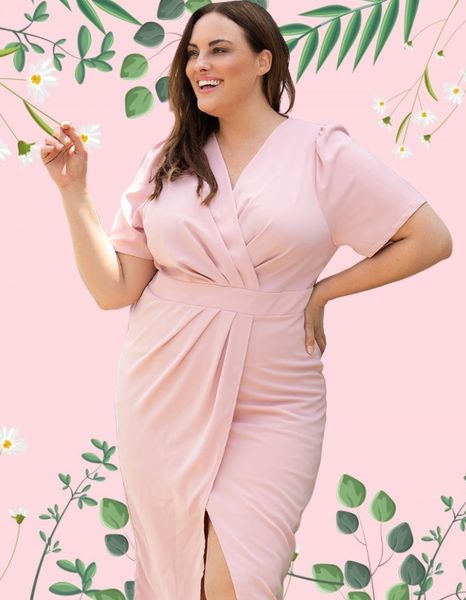 

elegant plus size wrap dress with v neck and side slit, Black