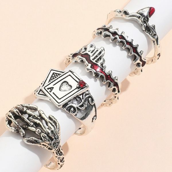 

wholesale 20/30pcs mix gothic poker vintage open rings men women antique silver plated dark style hand bone red drip zircon gift party jewel, Slivery;golden