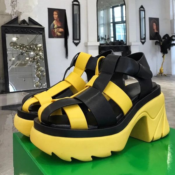 

chunky heel women sandals real leather mixed color woven thick sole sandal lady colored soles flat platform shoes female, Black