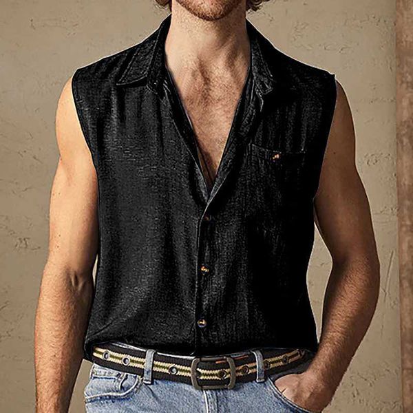 

men's casual shirts summer men shirts vest fashion solid color loose button-up lapel sleeveless shirt for men's clothing streetwea, White;black