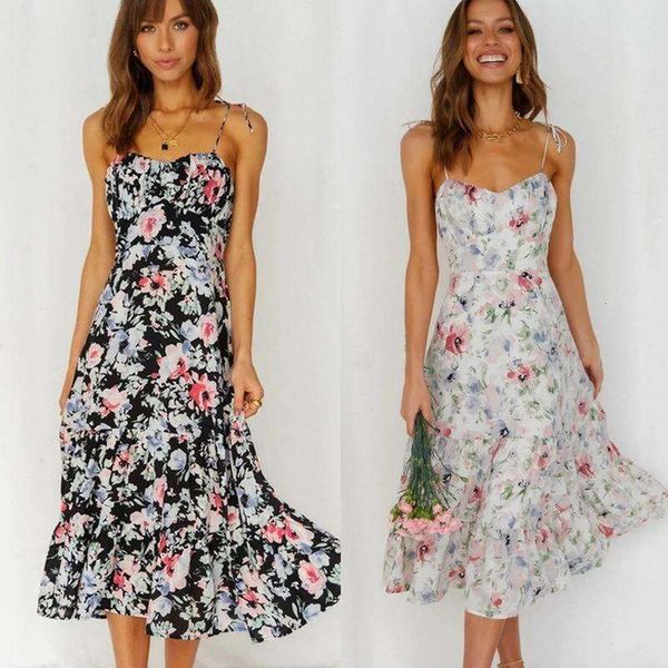 

summer all female high waist spaghetti print sleeveless dress, Black;gray