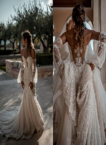 sweetheart mermaid wedding dresses with detachable sleeves lace appliqued beach wedding dress sweep train plus size boho bridal go7442553, White