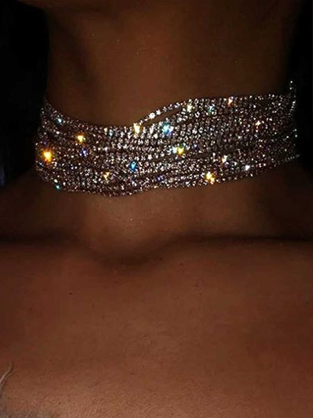 

women's accessories rhinestone decor layered choker, Golden;silver
