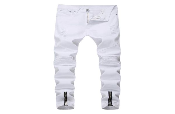 

men039s jeans men white solid color frayed slimfit bikes pencil pants classic business streetwear delivery5732882, Blue