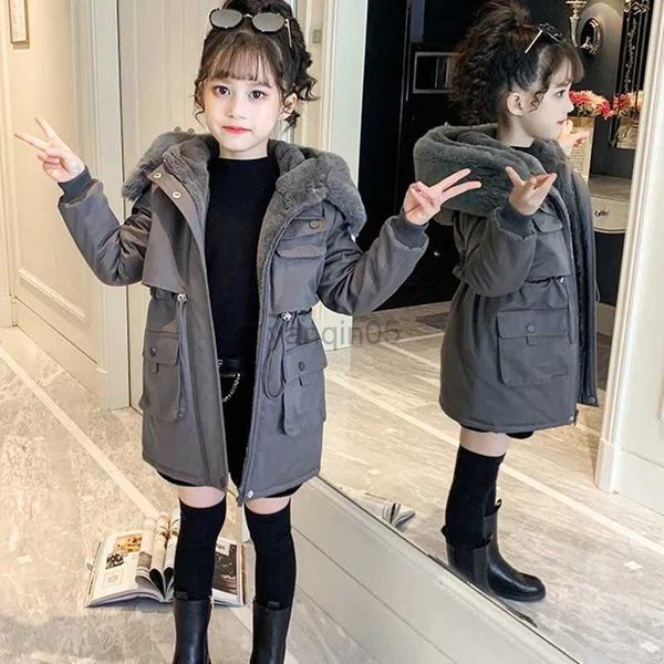 

down coat plush velvet down jacket girls hooded coat winter outerwear teenage kid parka snowsuit outdoors casual cotton clothing 2023 new hk, Blue;gray
