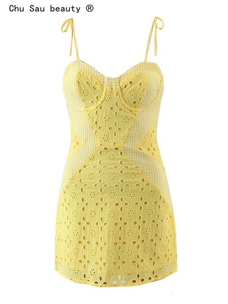 

basic casual dresses summer fashion woman slim backless hollow embroidery stitching strap mini dress 230724, Black;gray