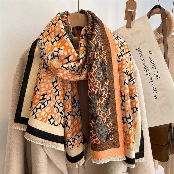 

2023 new scarf women's autumn and winter h letter air conditioned room shawl thickened warm neck ins live travel, Blue;gray