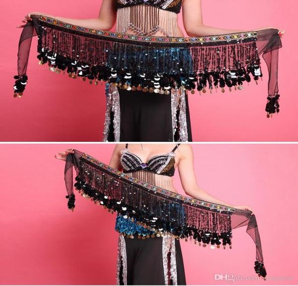 

8 colors sequin bellydance training clothes 3 layers wrap hip scarf adjustable fit tassel women belly dance waist belt2727908, Black;red