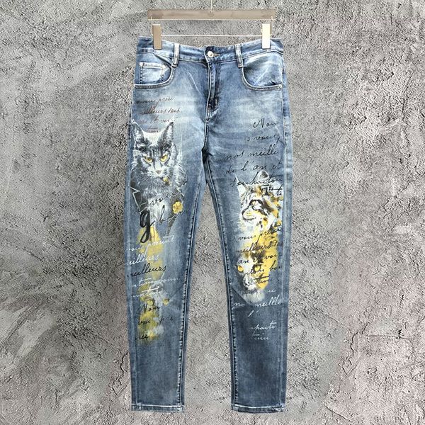 

men's jeans european animal fashion men jean brand lion hombre erkek kot pantolon slim small foot pant cat print 230724, Blue