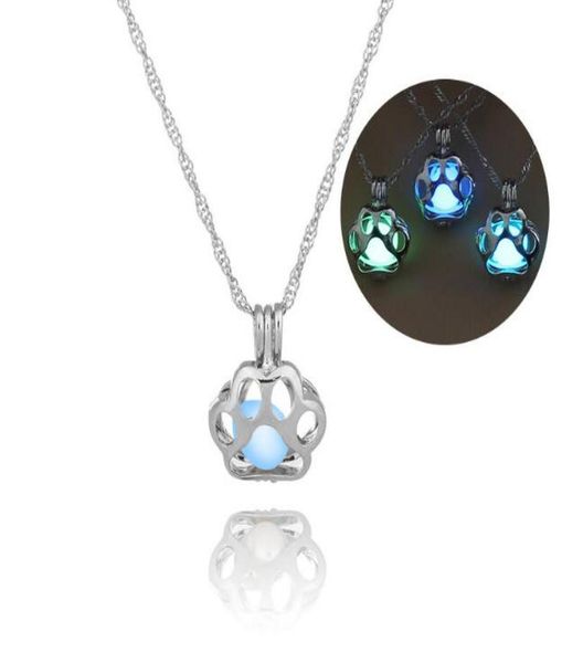 

3 colors glow in the dark dog paw prints pendant necklace hollow pearl cages pendant luminous stone design necklaces for women jew8291336, Silver