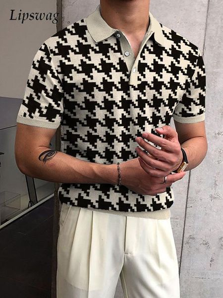 

men's polos vintage houndstooth print polo shirt men summer short sleeve casual pullover mens fashion turn-down collar button-up polos, White;black