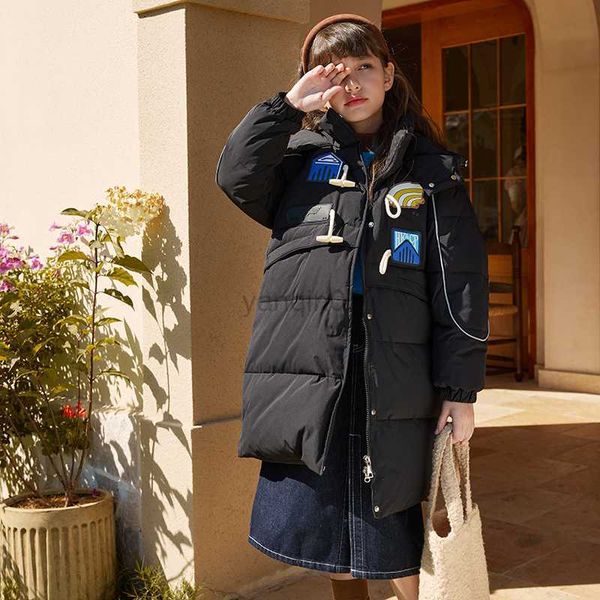 

down coat girls fashion mid-length hooded coats winter thick warm snowsuit kids clothes for teens casual label design down jacket 4-12 yrs h, Blue;gray