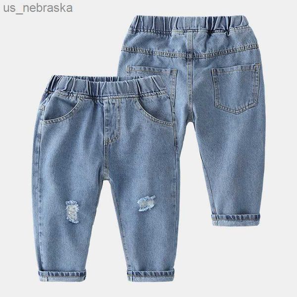 

2022 spring autumn 2 3 4 6 8 10 years kid's clothing children all match elastic long pants holes boys denim jeans trousers l230518, Blue