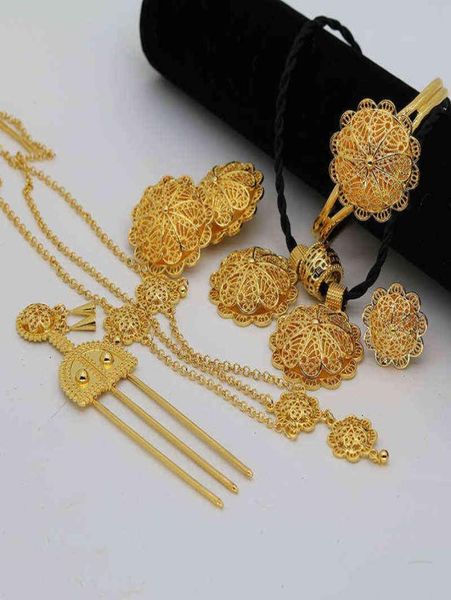 

24k gold ethiopian jewelry sets for women dubai habesha jewelry with hairpin head chain african bridal wedding gift collares 211203043400, Silver