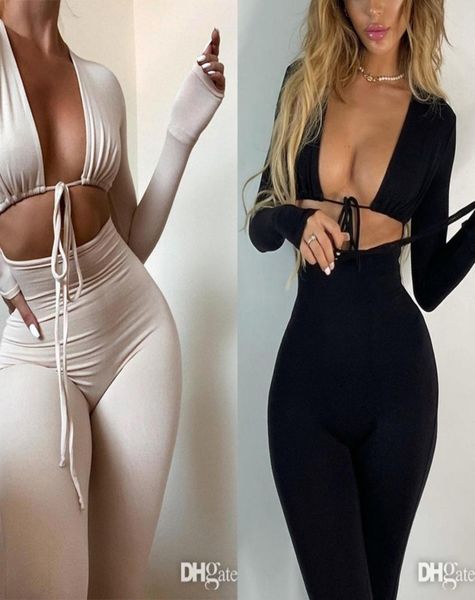 

spring new black tight jumpsuits elegant lace up hollow out long sleeve womens playsuit8830055, Black;white