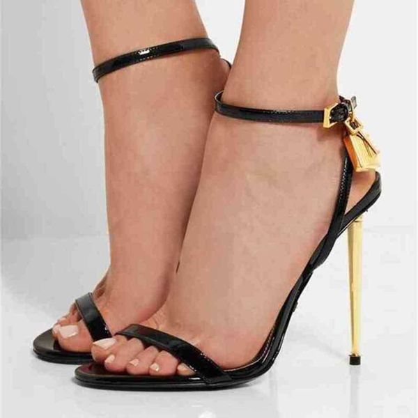

padlock tom-fords sandals casual slotted buckle shoes high-heeled solid mirror, Black